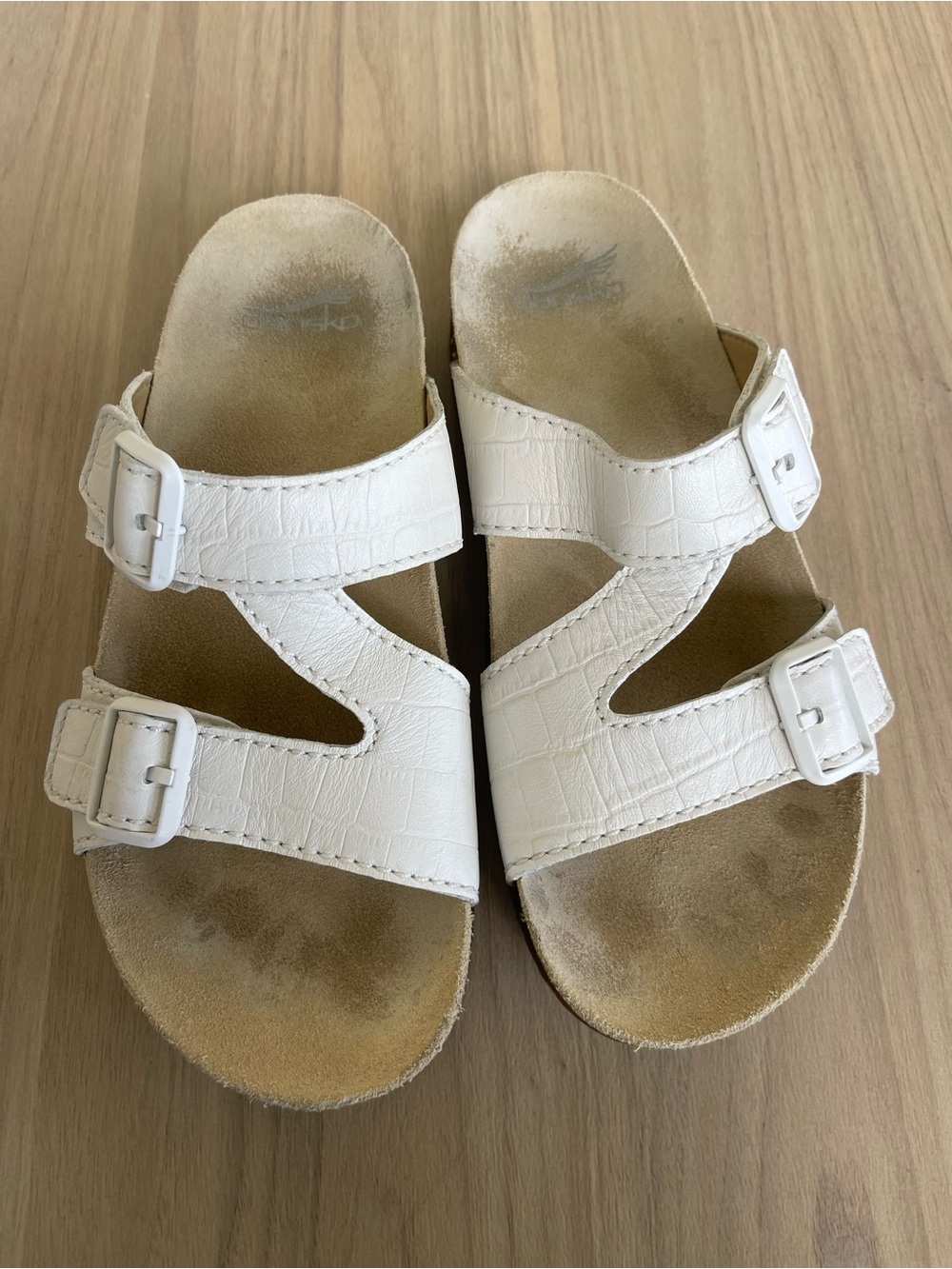 Dansko White Croc-Embossed Double Buckle Slide Sandals